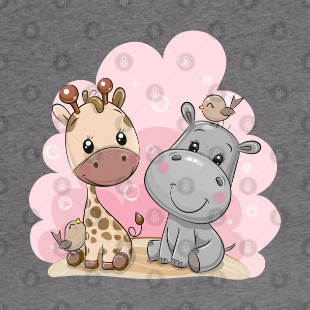 Good friends are animals. Cute giraffe and hippo. by Reginast777